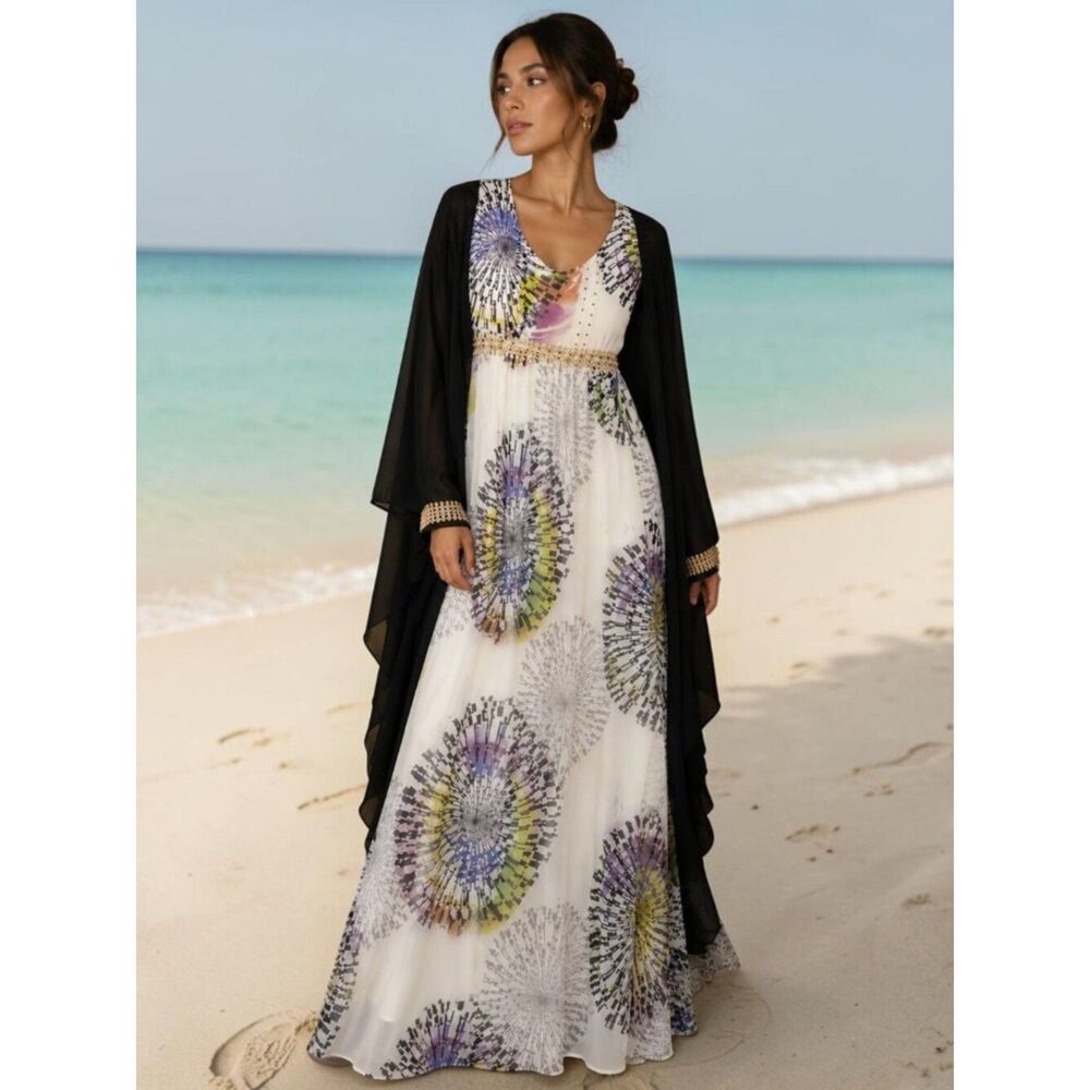 Boho Caftan Vacation Beachy Resort Wear Festival Evening Flowy Black White Dress